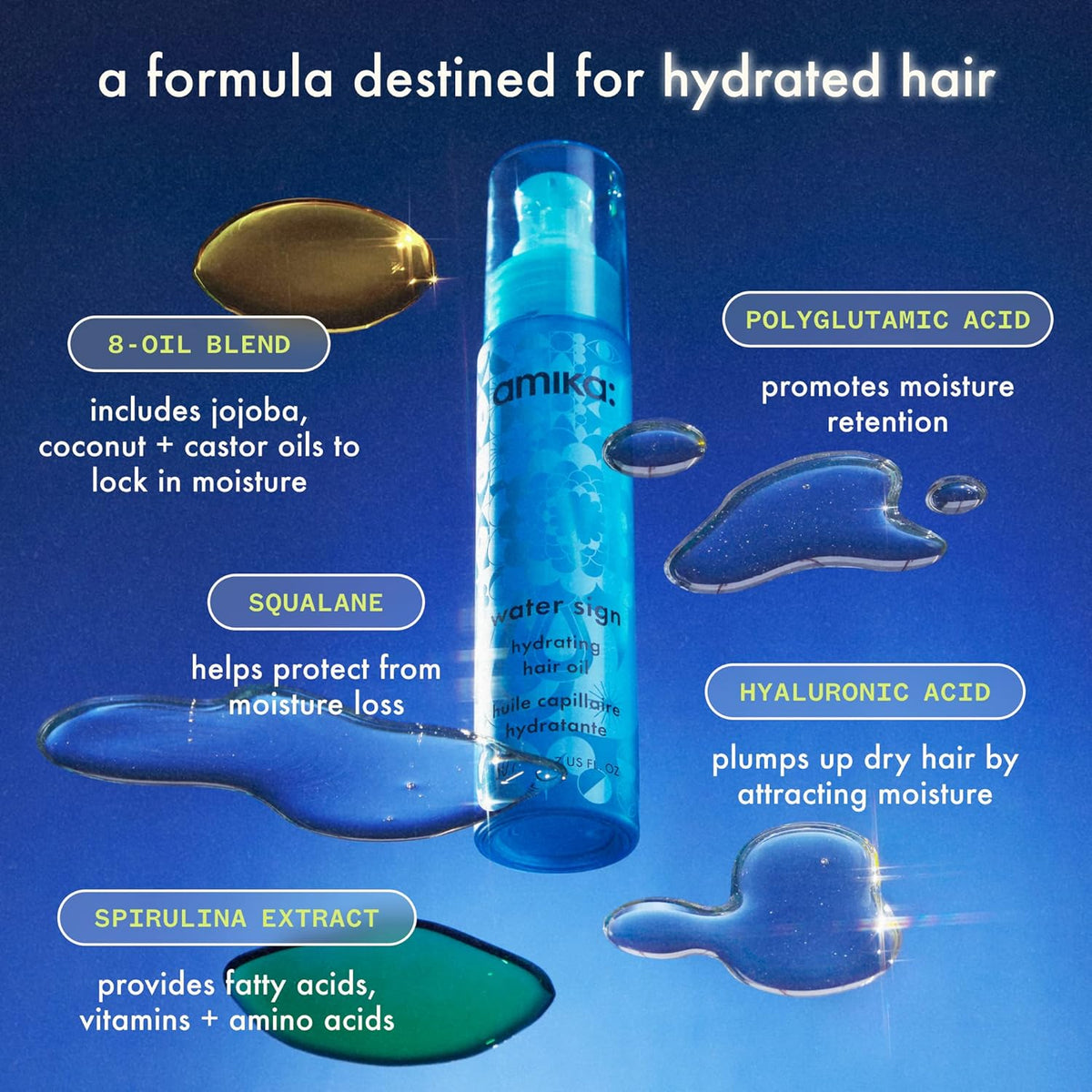 Amika Water Sign Hydrating Hair Oil with Hyaluronic Acid 1.7 Oz